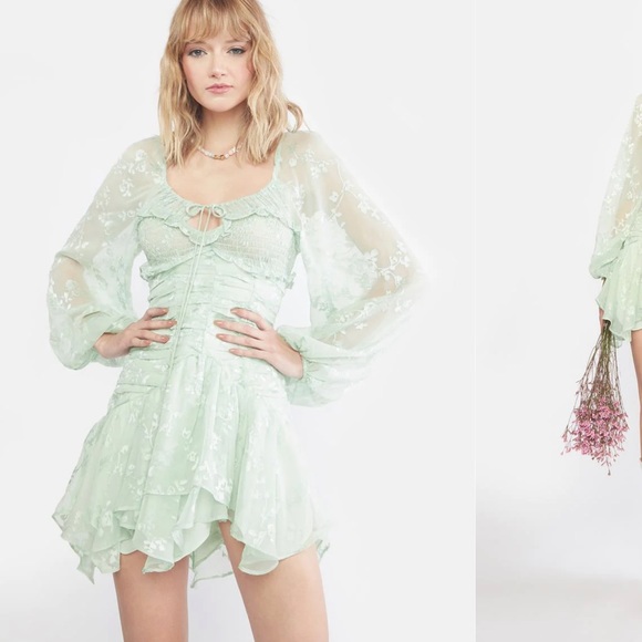 For Love & Lemons Breanne Ruched Tiered Sheer Long Puff Sleeve Mini Dress L - Picture 1 of 9